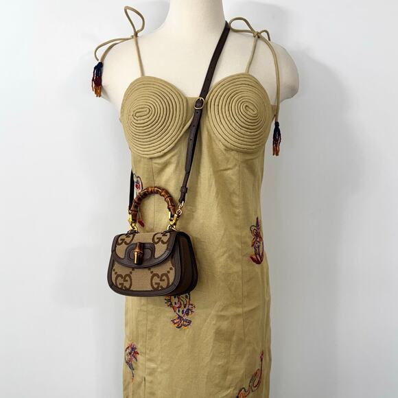 GUCCI 1947 Monogram Jumbo GG Textured Mini Bag Bamboo Top Handle in Camel Auth. - Picture 2 of 16